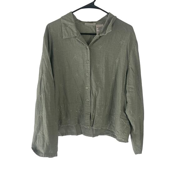 Kathie Lee Vintage 90s Women Size XL Green Linen Blend Embroidered Button Blouse - Picture 1 of 8